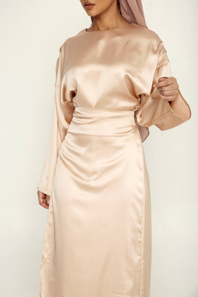 Sofia Light Gold Satin Wrap Gown